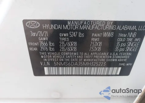 2021 Hyundai Santa Fe Sel z USA, uszkodzony, nr VIN 5NMS6DAJ5MH325223